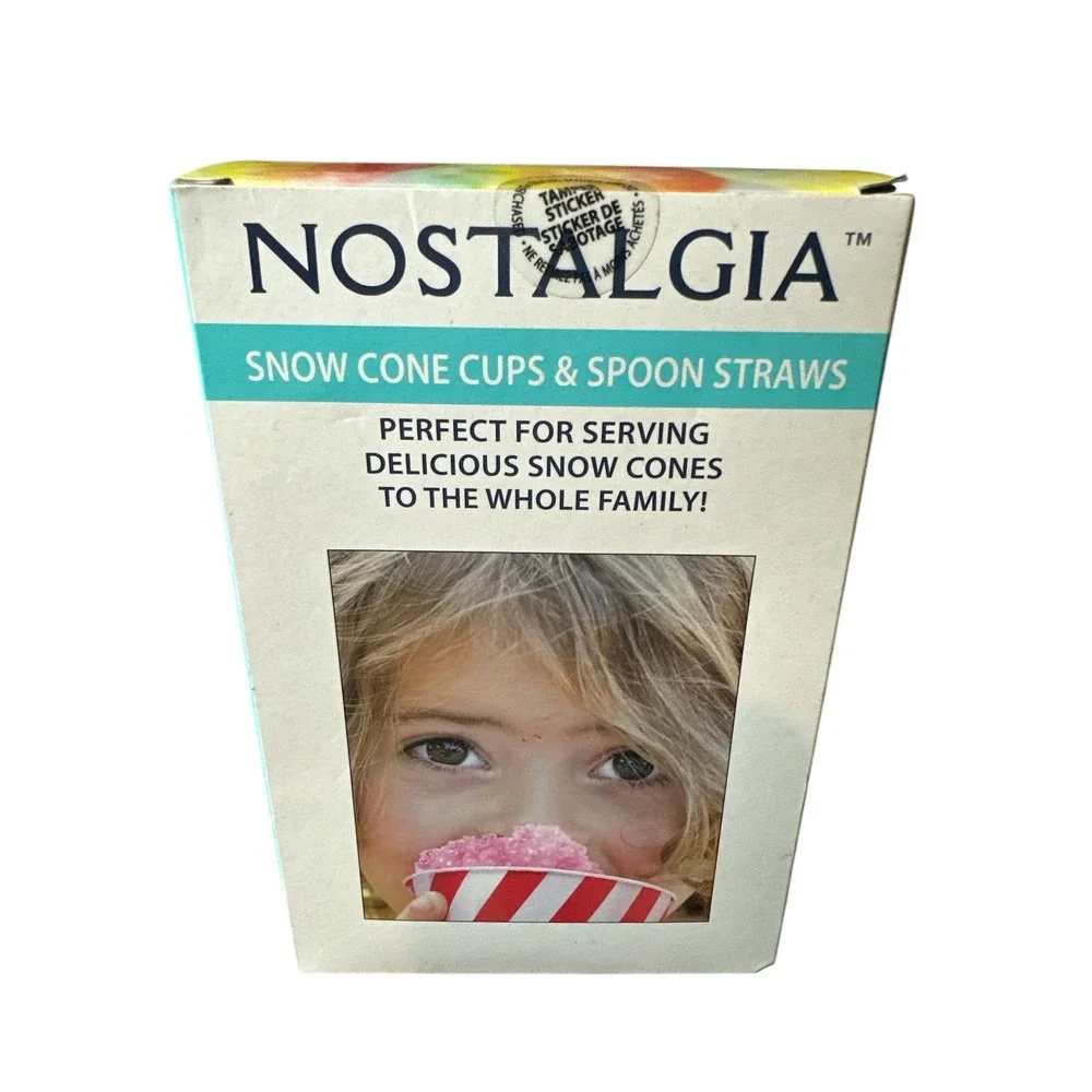 Nostalgia Snow Cone Cups x‎ 20 & Spoon Straws x 20 Shaved Ice New in Sealed Box